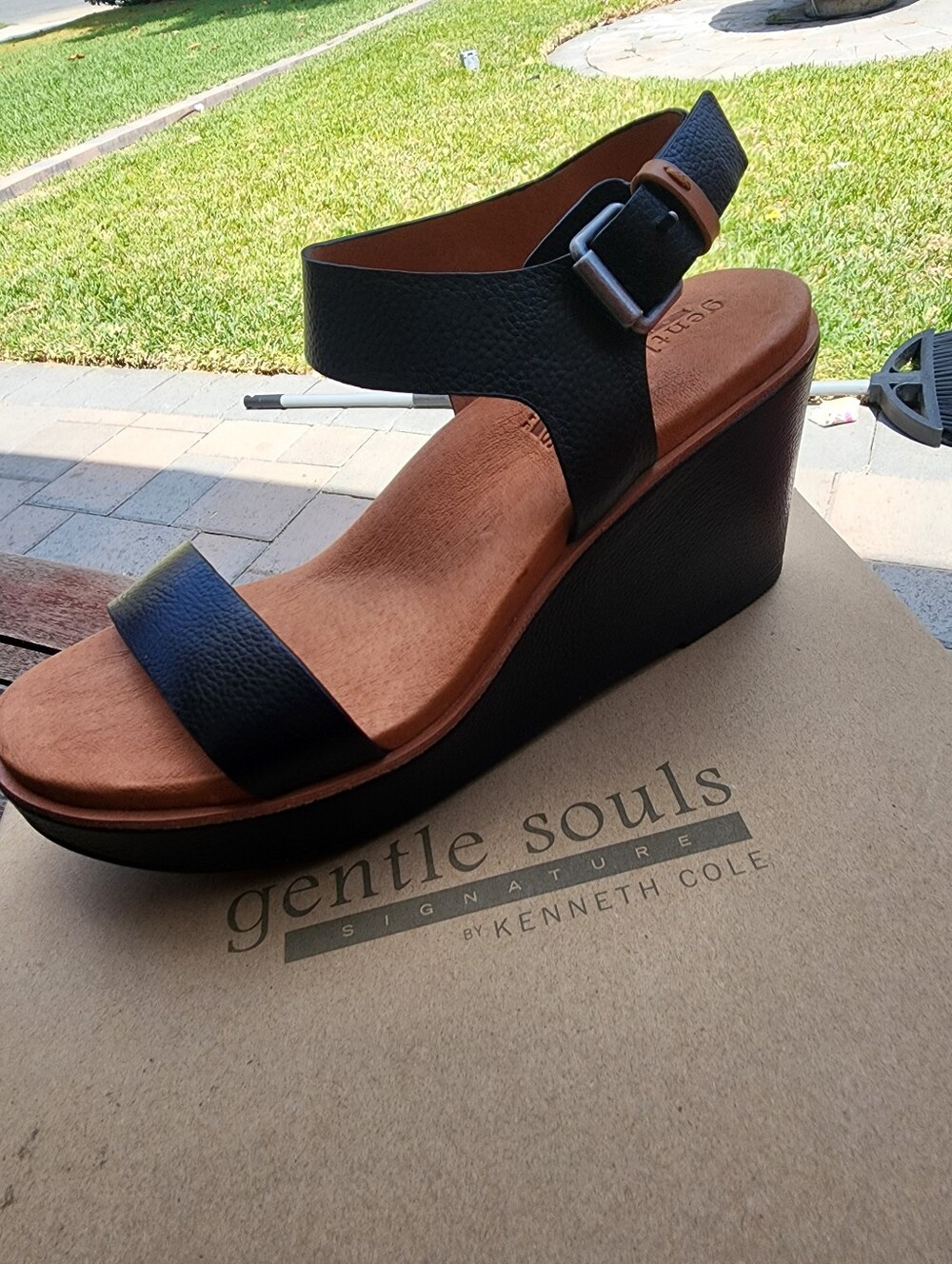 gentle souls Black Leather Wedge Sandal with Tan Footbed